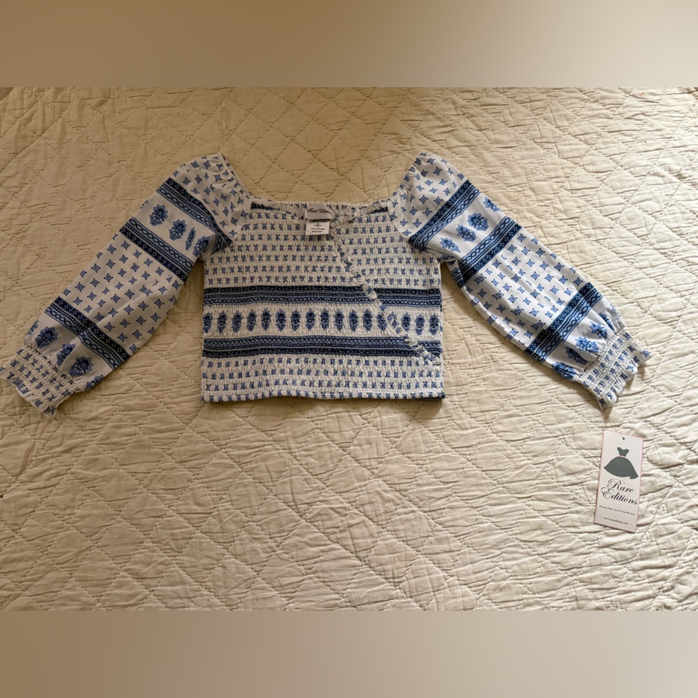 Rare Editions Blue and White Smocked Boho Top